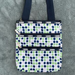 NWOT LeSportsac 3 zip compartments. White with blue, green, gray dots